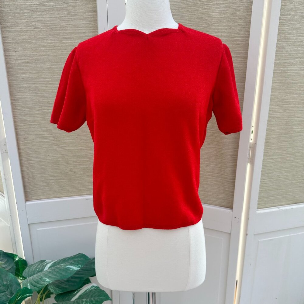 Vintage 1960s Red Short Sleeved Sweater Sweatheart Neckline Sparkly Fabric Retro